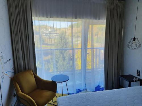 a bedroom with a bed and a chair and a window at Aparthotel - Apartament BiałaPerła in Sienna