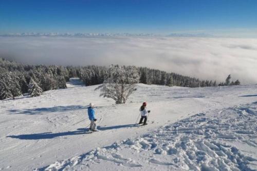 two people standing on top of a snow covered slope at Coup d'œil in Bullet