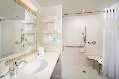 a white bathroom with a sink and a shower at Hampton Inn & Suites Baltimore North/Timonium, MD in Timonium