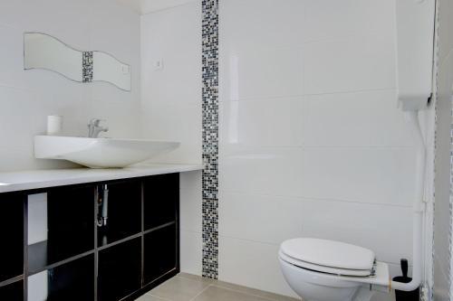 a bathroom with a white toilet and a sink at Appartamento Rupestre in Manerba del Garda