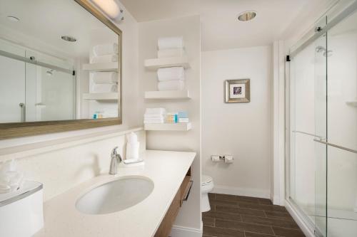 Baño blanco con lavabo y espejo en Hampton Inn & Suites Baltimore North/Timonium, MD, en Timonium