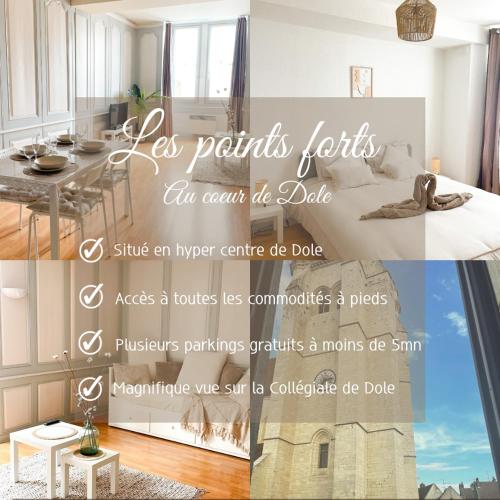 un collage de photos d'une chambre avec un lit dans l'établissement « Au cœur de Dole », à Dole