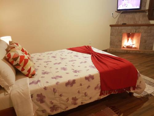 a bedroom with a bed with a fire place at Chalé mirante da colina in Visconde De Maua