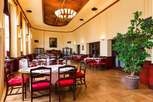 un restaurante con mesas y sillas y una maceta en Hotel Continental en Plzeň