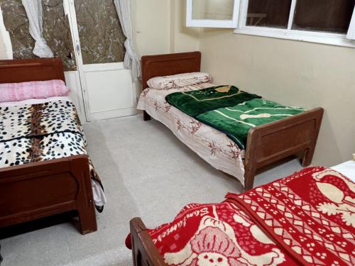 a bedroom with two beds and a door with a window at Villa Elaraby Mohamed in Aswan