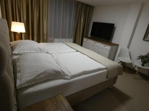 a hotel room with a bed and a television at HOTEL GALERIA PEZINSKA BABA in Pezinok