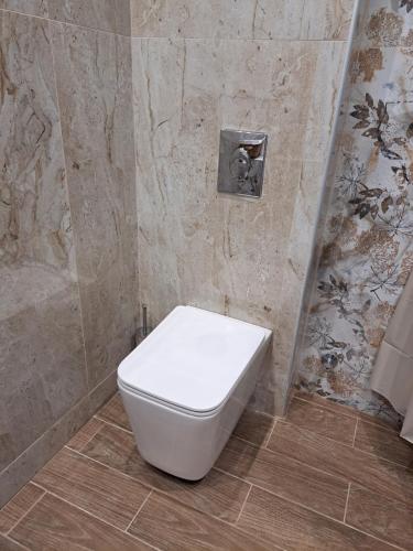 a white toilet in a bathroom with a stone wall at Μονοκατοικία Μονοπήγαδο in Monopígadhon