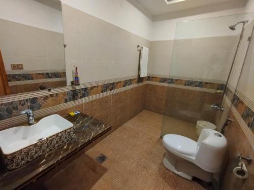 a bathroom with a toilet and a sink and a mirror at Swat Hilton Hotel by Khan Familia Travels in Swat