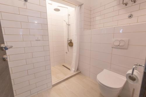 a white bathroom with a toilet and a shower at Apartments Luka in Senj