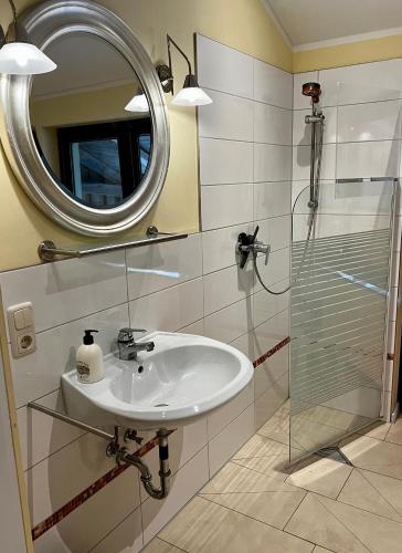 een badkamer met een wastafel, een spiegel en een douche bij Kleine Herberge 