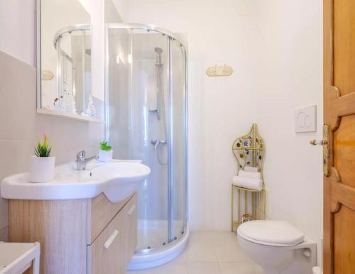 a bathroom with a shower and a sink and a toilet at Relais Torre Chianca With Climate, Parking, Wi-Fi Panoramic Rooftop in Porto Cesareo