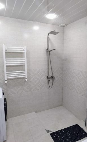uma casa de banho com um chuveiro e uma porta de vidro em Квартира в центре города Ванадзор em Vanadzor