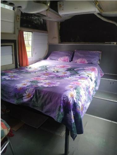 1 cama con edredón púrpura en una habitación en my bus, en Punta del Diablo