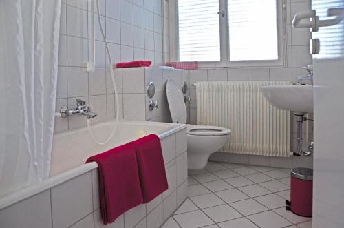 y baño con bañera, aseo y lavamanos. en Haus am Bach, en Schwäbisch Gmünd