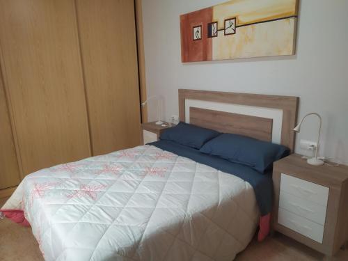 1 dormitorio con 1 cama con almohadas azules y 2 mesitas de noche en Apartament Amèrica, en Amposta