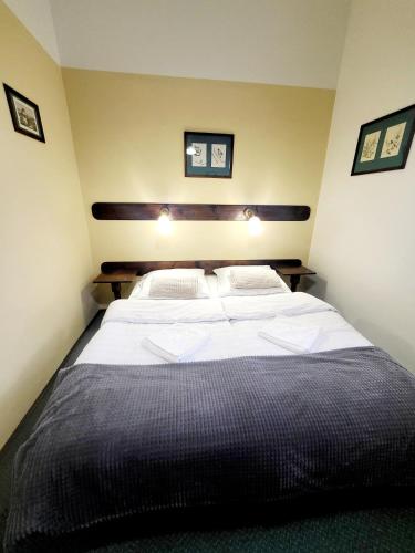 a bedroom with a large white bed with two pillows at Penzion Bazalka in Jablonec nad Nisou