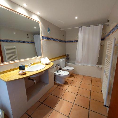 uma casa de banho com um WC, um lavatório e um espelho. em Hostal Tastavins em Peñarroya de Tastavins