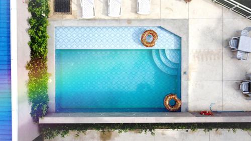 an overhead view of a swimming pool with two umbrellas at Hotel Macaw Cúcuta in Cúcuta