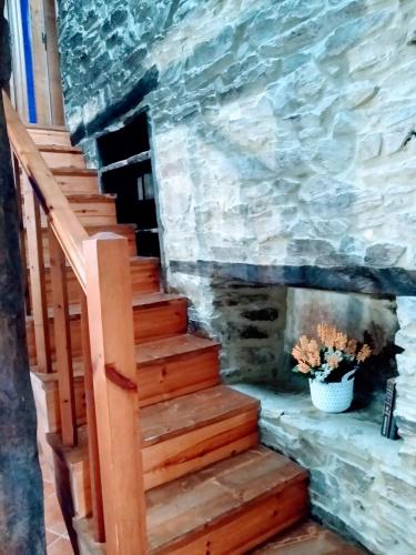 a staircase with a stone wall and a vase of flowers at Casa Pacios by M de Santiago in Tríacastela
