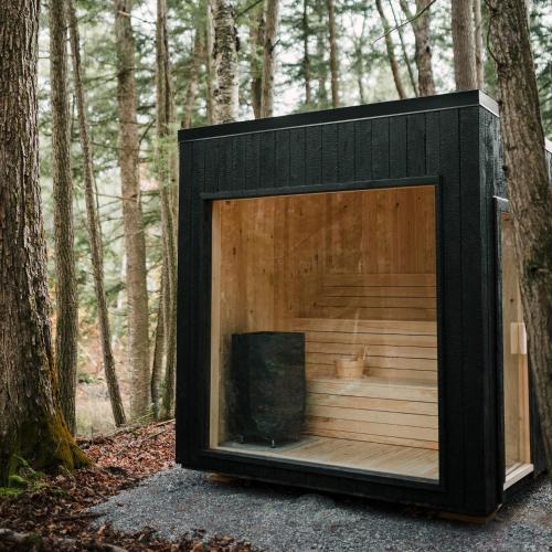 a black container with a tv in the woods at nortehaus - Nordic and Japanese inspired escape in Norland