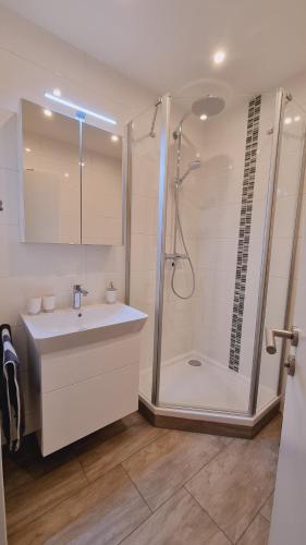 uma casa de banho branca com um chuveiro e um lavatório. em Ferienwohnung Mohnwiese und Blumenwiese em Willingen