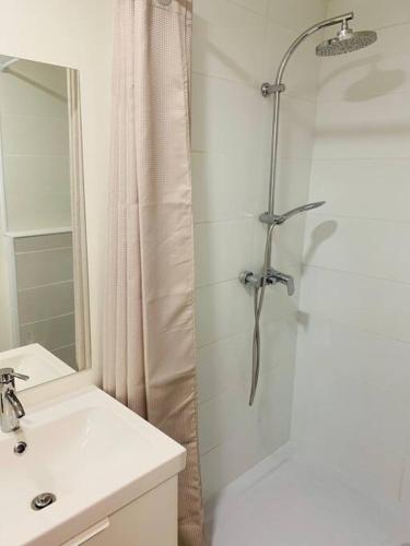 une salle de bain avec une douche avec un lavabo et une douche dans l'établissement Appartement T3, au Coeur de Montpellier, WIFI et Climatisation, à Montpellier