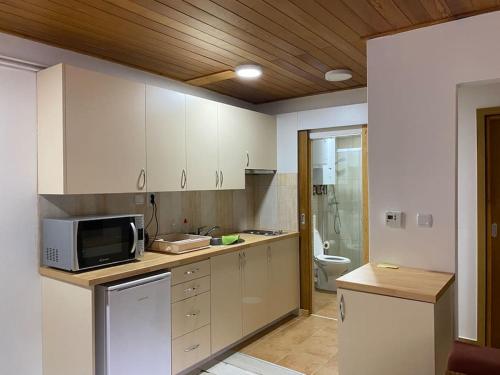 La cuisine est équipée de placards blancs et d'un four micro-ondes. dans l'établissement Apartmani Nina Košuta, à Jahorina