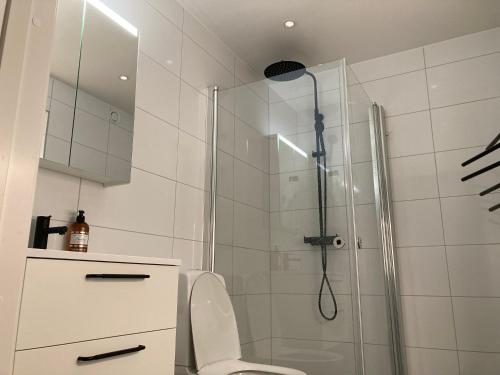 e bagno con doccia, servizi igienici e lavandino. di Cozy Room a Borås