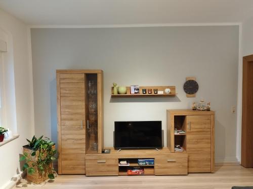 TV en un centro de entretenimiento de madera en una sala de estar en Fewo Am Messepark, en Löbau