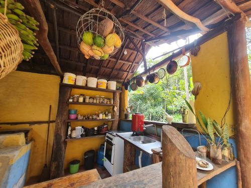 a kitchen with a counter and a sink and a basket of fruit at Que Brota Do Chão in Itacaré