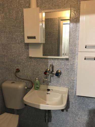 a bathroom with a sink and a toilet and a mirror at Cozy loft apartment in Pleven