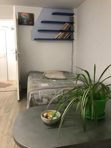 Zimmer mit einem Bett und einer Schale auf einem Tisch mit einer Pflanze in der Unterkunft Cozy loft apartment in Plewen