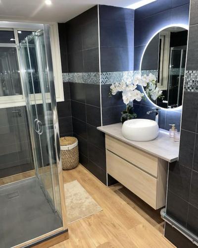 une salle de bain avec un lavabo et une douche en verre dans l'établissement T3 Haut standing, à Saint-Raphaël