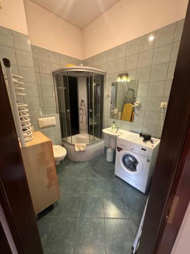 a bathroom with a washing machine and a sink at City Single Wohnung in Głogów