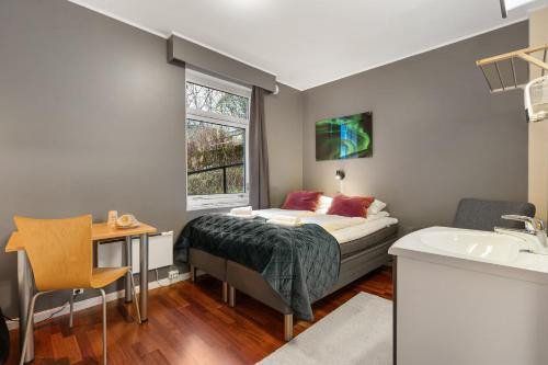 - une chambre avec un lit, un bureau et un lavabo dans l'établissement Enter Backpack Hotel, à Tromsø