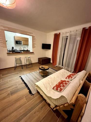 un salon avec un lit et une fenêtre dans l'établissement Agréable T2 cosy - centre-ville, à Perpignan