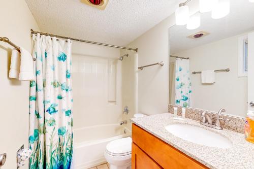 Un baño con lavabo, inodoro y ducha. en Hibernation Hideaway, en McHenry