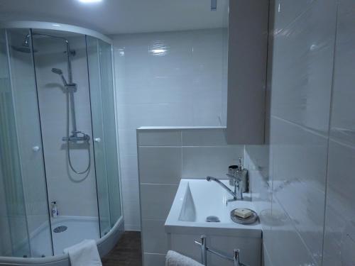y baño con ducha, lavamanos y ducha. en family friendly apartment 3 adults plus child en Ružomberok