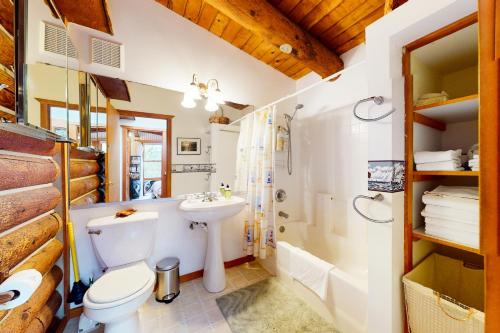 a bathroom with a toilet and a sink and a shower at Rocky's Log Cabin & Retreat in Sultan