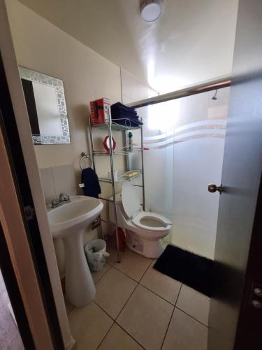 een kleine badkamer met een toilet en een wastafel bij Bonito departamento familiar in Mexico-Stad