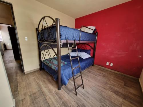 Ce lit se trouve dans un dortoir doté de 2 lits superposés et d'un mur rouge. dans l'établissement Bonito departamento familiar, à Mexico