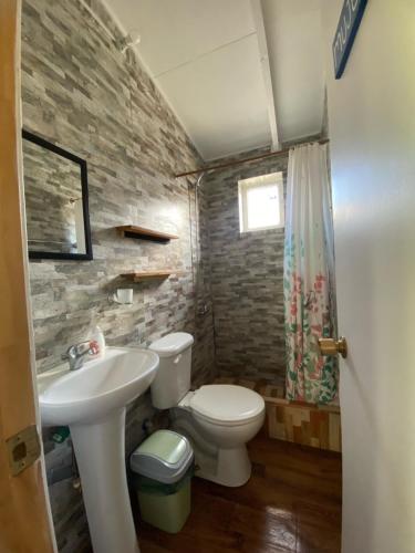 ein Badezimmer mit einem weißen WC und einem Waschbecken in der Unterkunft Los alamos in Puerto Tranquilo