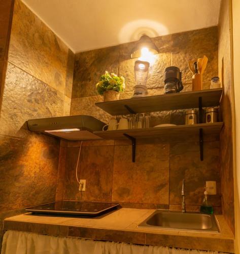 a kitchen with a sink and shelves on the wall at Oasis Maya in Tuxtla Gutiérrez