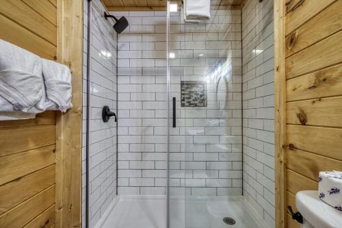 a bathroom with a shower with a glass door at Smoky Lake Retreat cabin in Dandridge