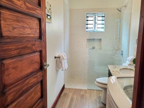 a bathroom with a toilet and a sink and a door at 'The Solace' New Luxury Modern 1Bed 1Bath Apt. in Portmore