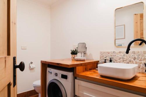 een badkamer met een wastafel en een wasmachine bij Homestead Loft- Private retreat, amongst the gums with woodfire and spa bath in Wallington