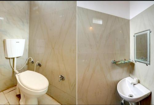 two pictures of a bathroom with a toilet and a sink at RS guest house in Katni