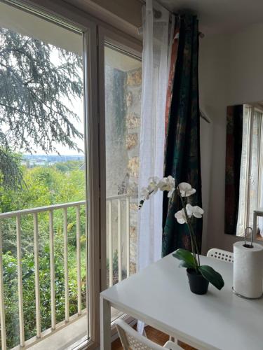een kamer met een raam met een tafel en een balkon bij Charmant logement centre ville Rosny Sous Bois in Rosny-sous-Bois