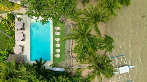 an overhead view of a swimming pool and palm trees at Last Frontier Beach Resort-Adults Only in El Nido