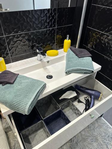 a bathroom sink with two towels and a mirror at MAGNIFIQUE VUE MER Place Centrale F2 45 m2 tout confort Travaux en cours sur façade in Canet-en-Roussillon